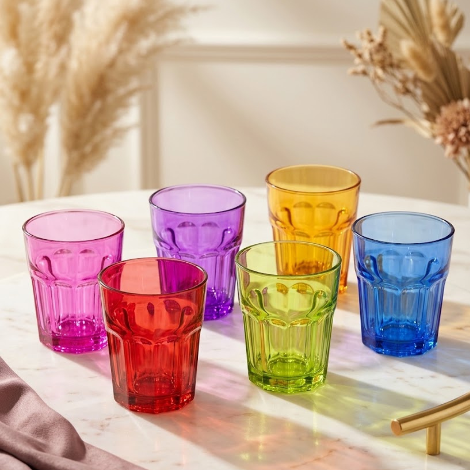 Casablanca 300 colorful glass tumblers displayed on a dining table