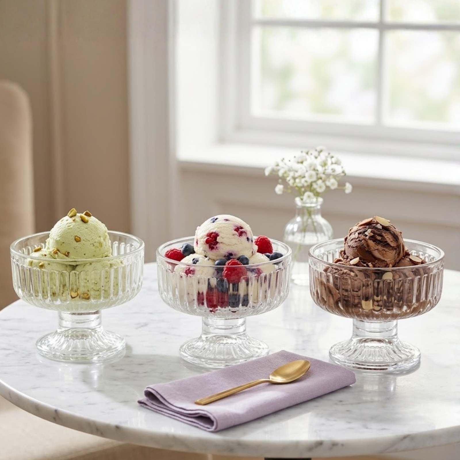 Juliet Lines glass ice cream bowl set of 3 by Rayan Glass