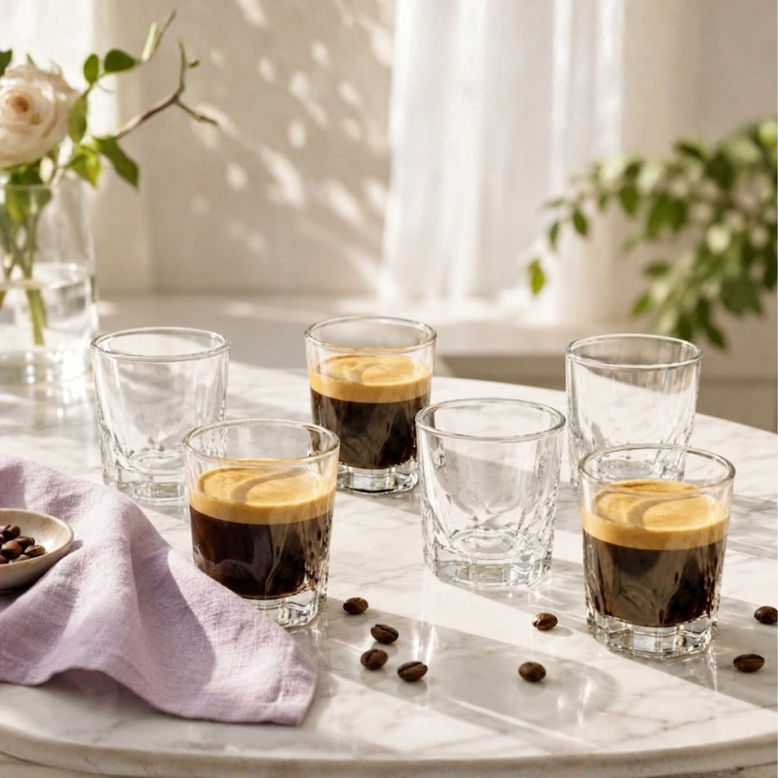 Roma clear glass cups with espresso on white marble background by Rayan Glass