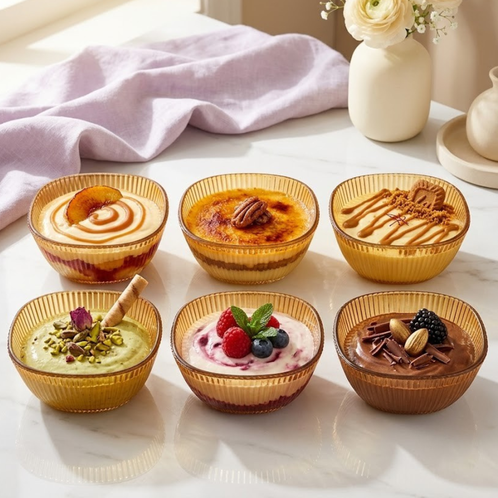 Six VENICE LUSTER glass bowls filled with assorted desserts on a marble surface beside a pale mauve tablecloth.